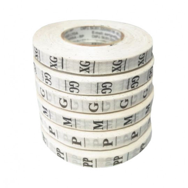 Etiqueta Estampada "Tamanhos" Nylon Resinado Branco, Rolo com 2.000 Etiquetas